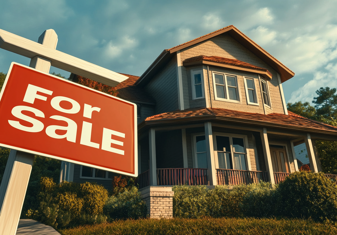 A suburban home listing featuring a prominent red "For Sale" sign on the front lawn.