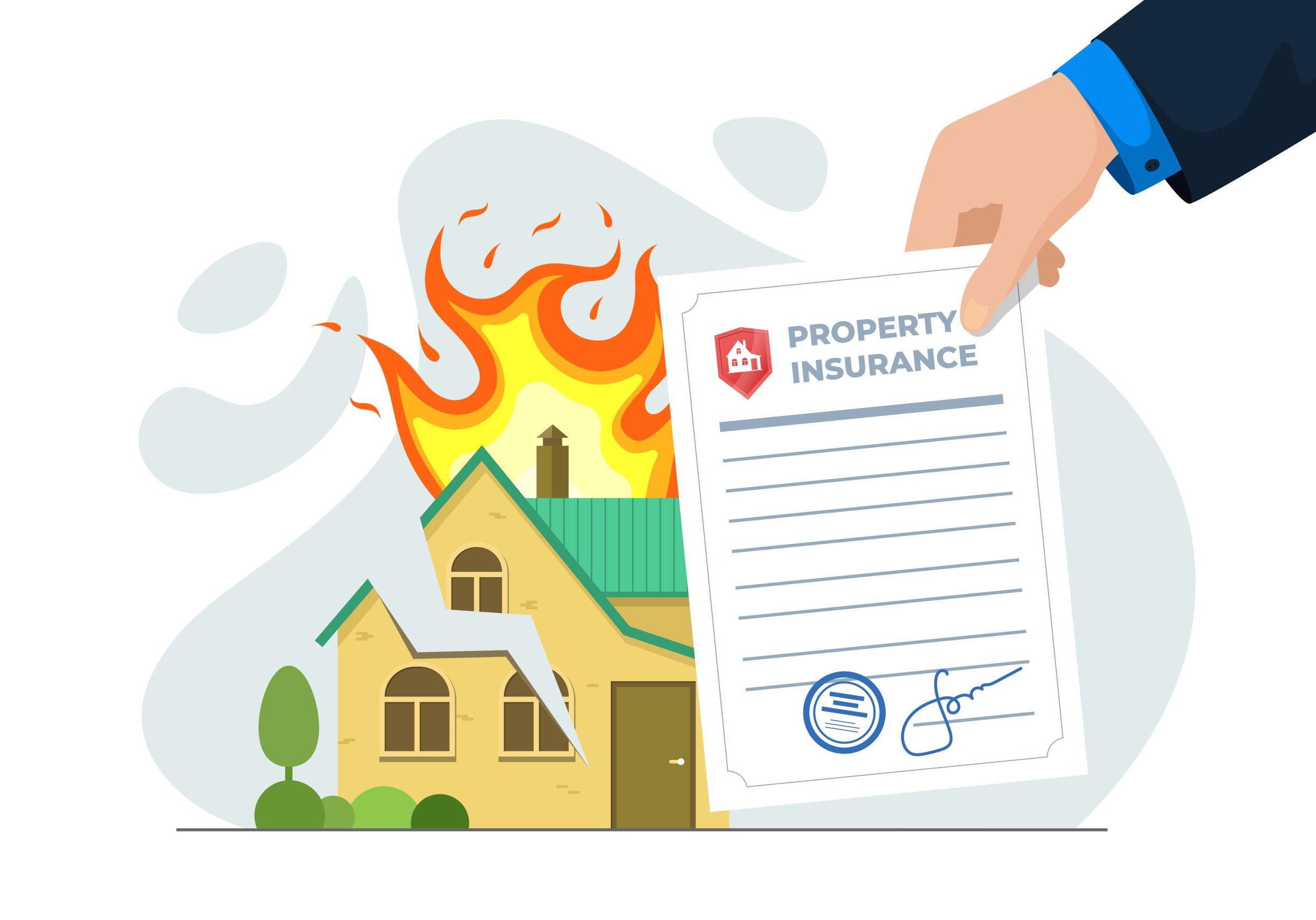 Illustration of a house on fire with a hand holding a signed insurance or legal document.